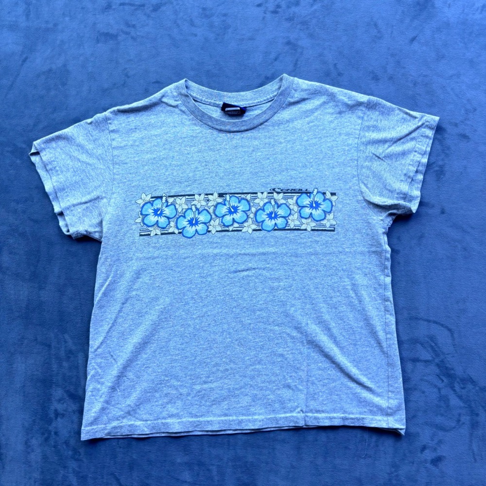 VTG Oneill Mens L Heather Gray Blue Hibiscus Floral Graphic T-Shirt Made in USA